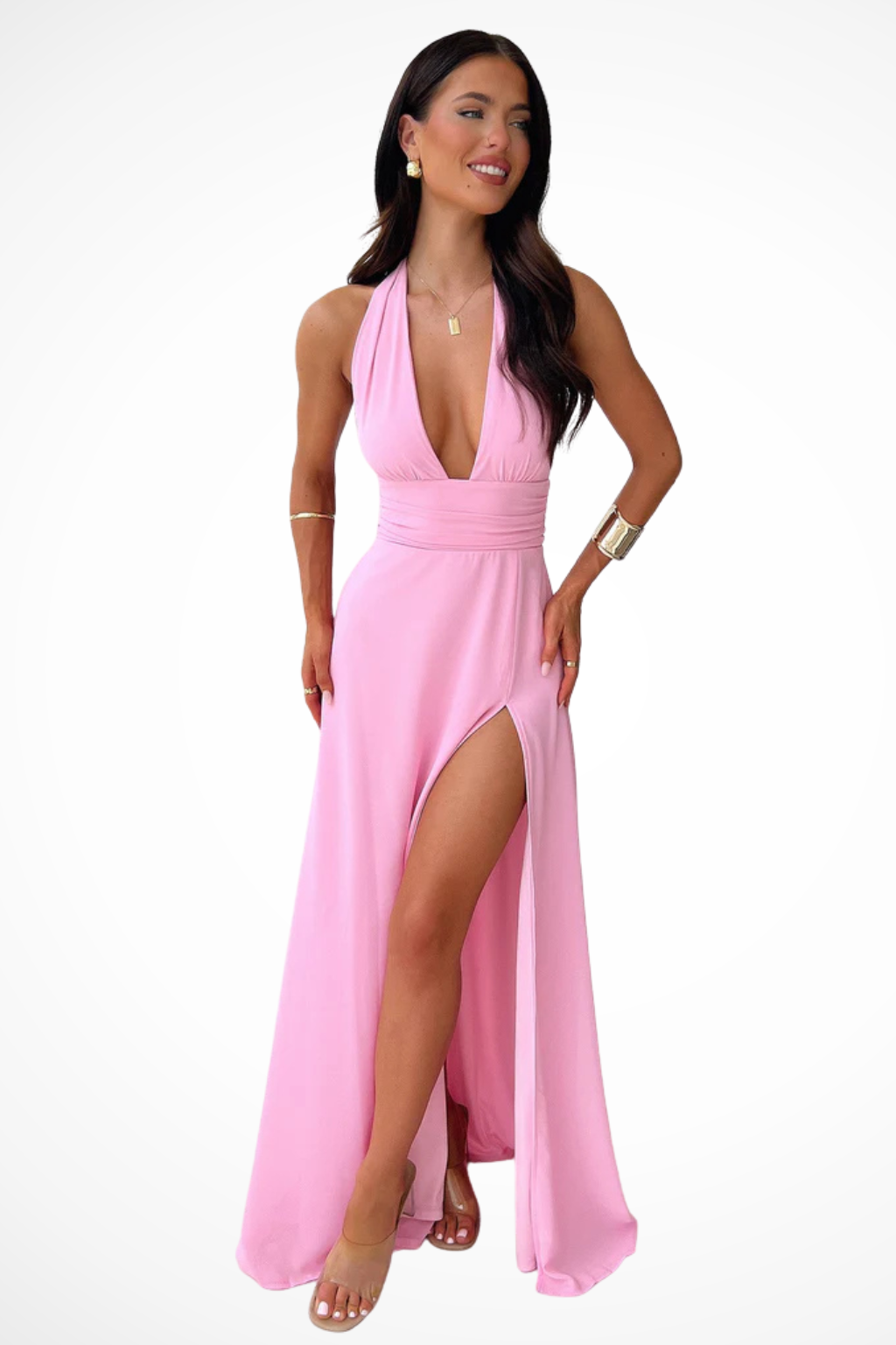 Sorvienne Women's Halter Neck Side Slit Maxi Dress in Pink