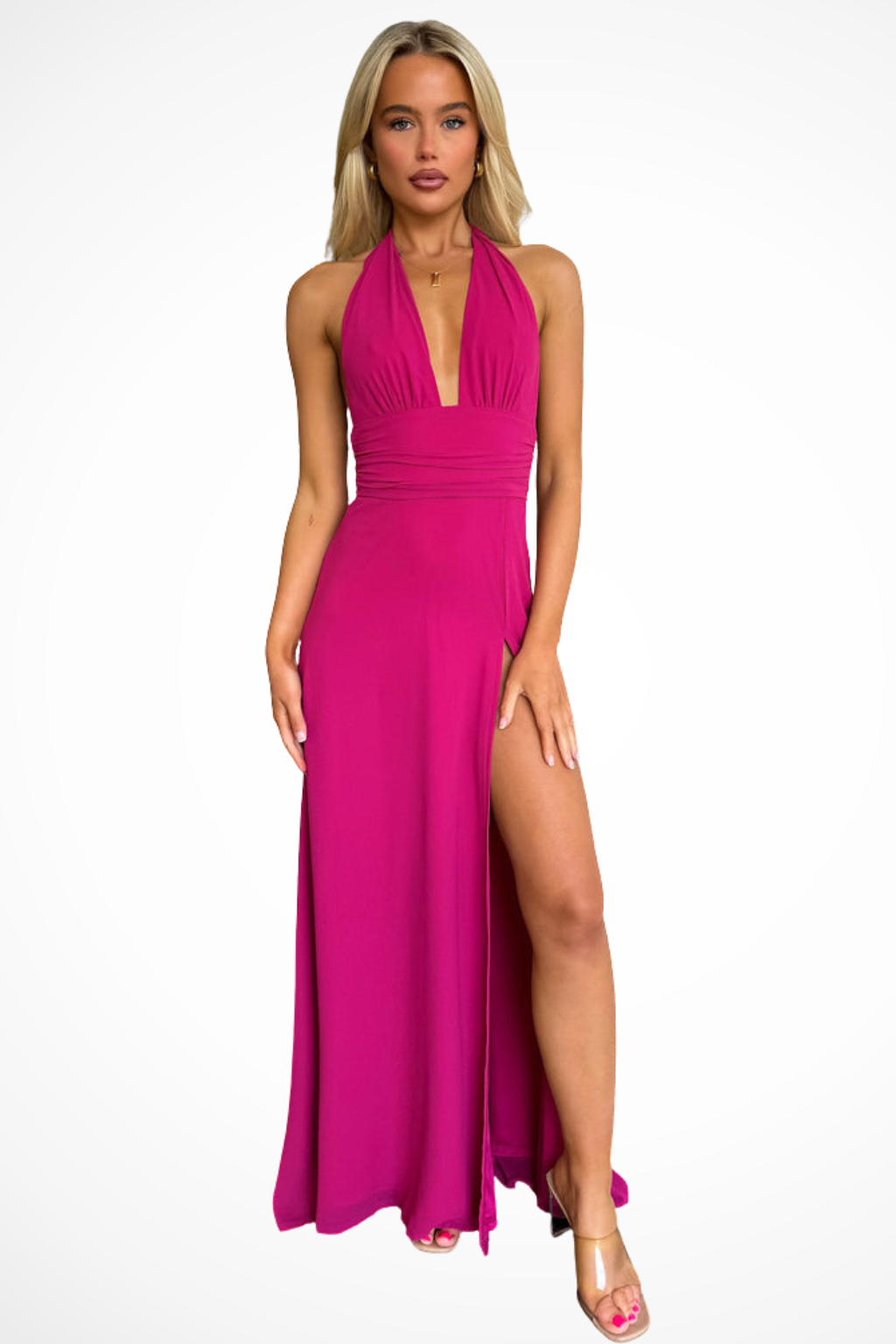 Sorvienne Women's Halter Neck Side Slit Maxi Dress in Hot Pink