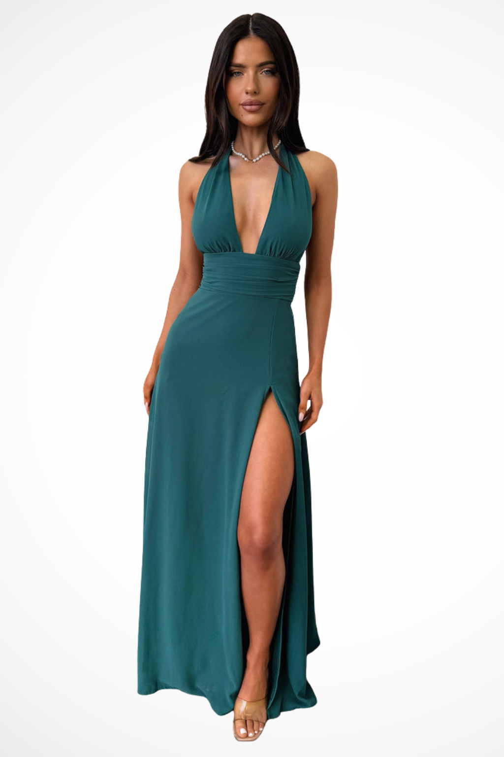 Sorvienne Women's Halter Neck Side Slit Maxi Dress in Dark Green