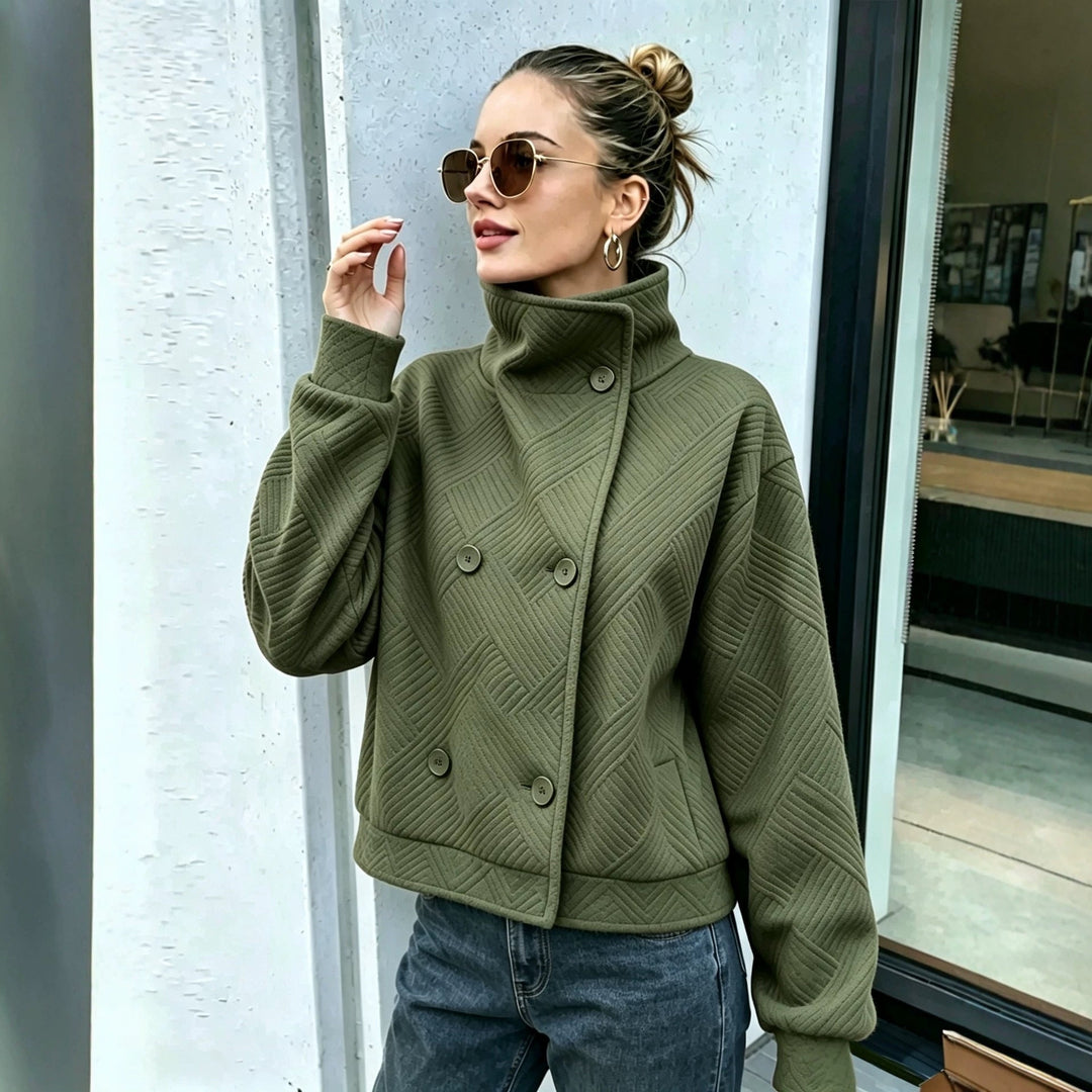 Sorvienne Textured Double Breasted Funnel Neck Jacket in Olive