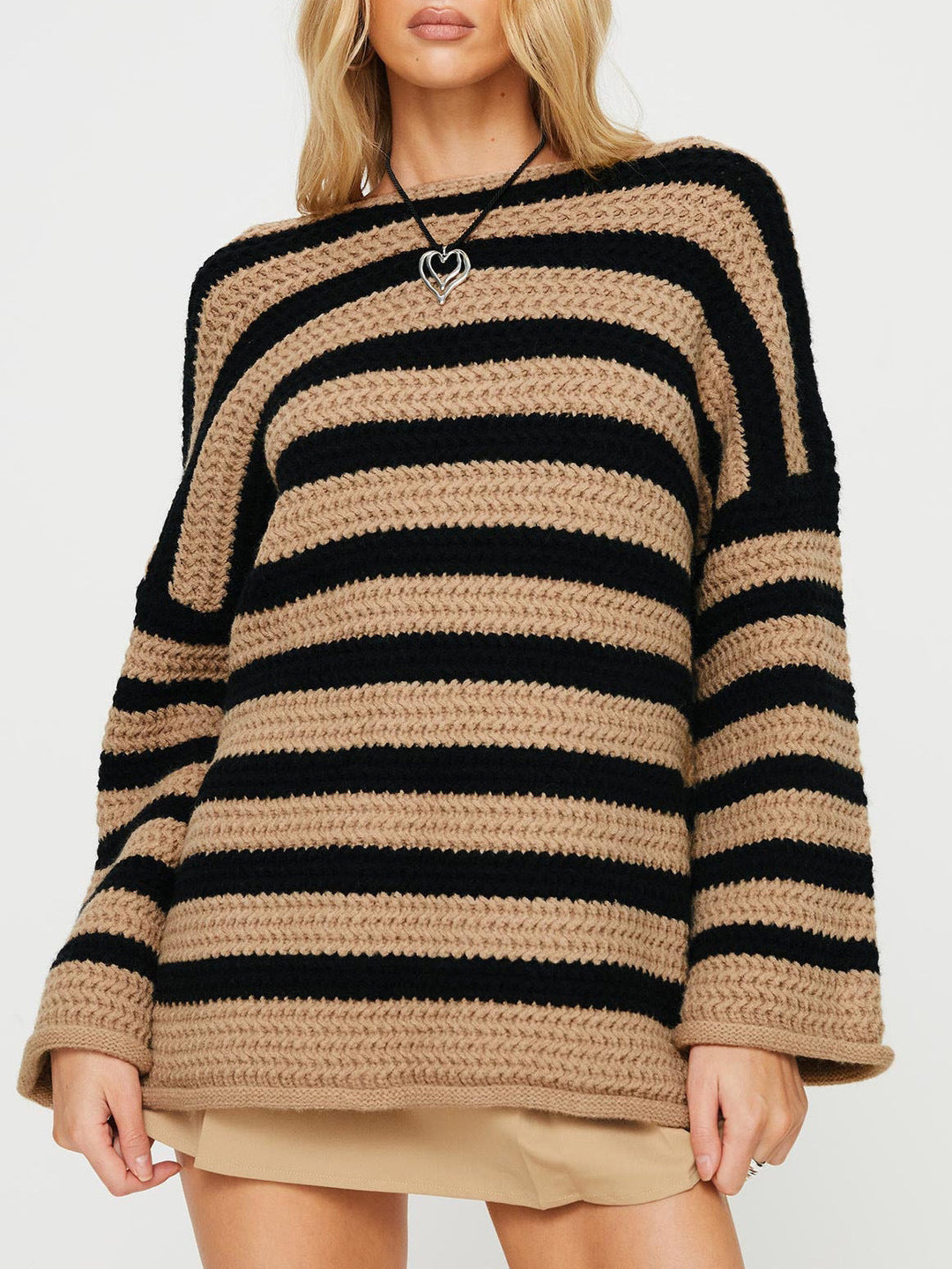 Sorvienne Oversized Striped Jumper in Chunky Knit in Beige Stripe
