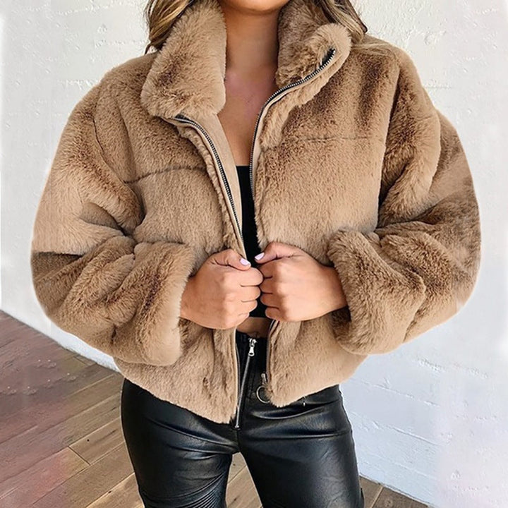 Sorvienne Relaxed Zip Front Faux Fur Jacket in Camel