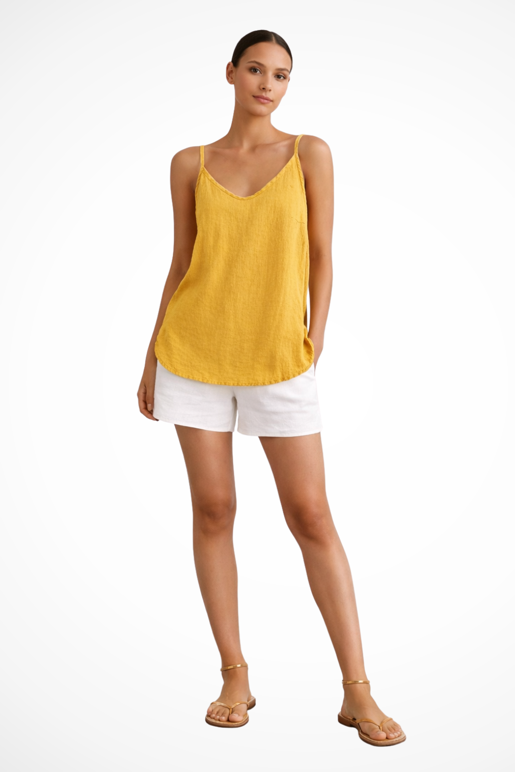 Sorvienne Women's Spaghetti Strap Linen Cami Top in Yellow