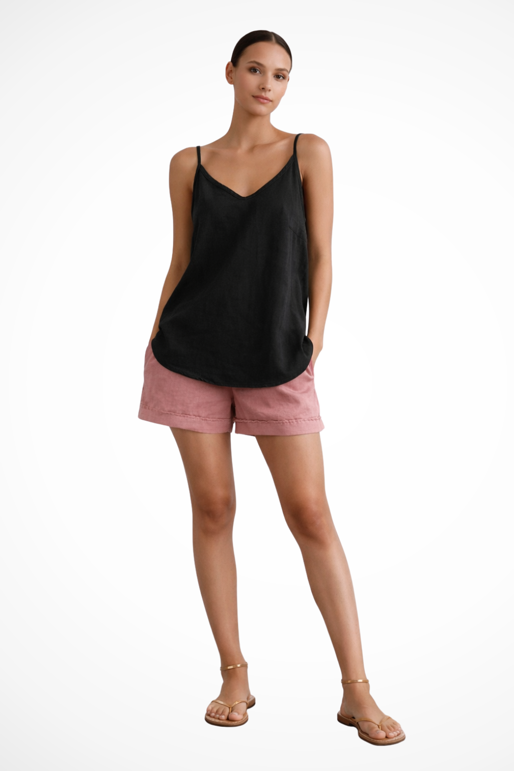 Sorvienne Women's Spaghetti Strap Linen Cami Top in Black