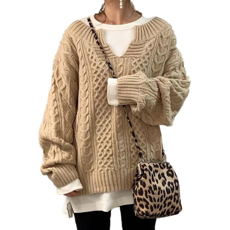 Sorvienne Oversized Notch Neck Cable Knit Jumper in Camel