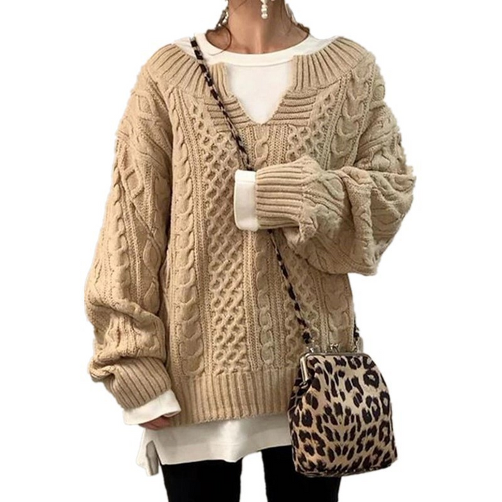 Sorvienne Oversized Notch Neck Cable Knit Jumper in Camel