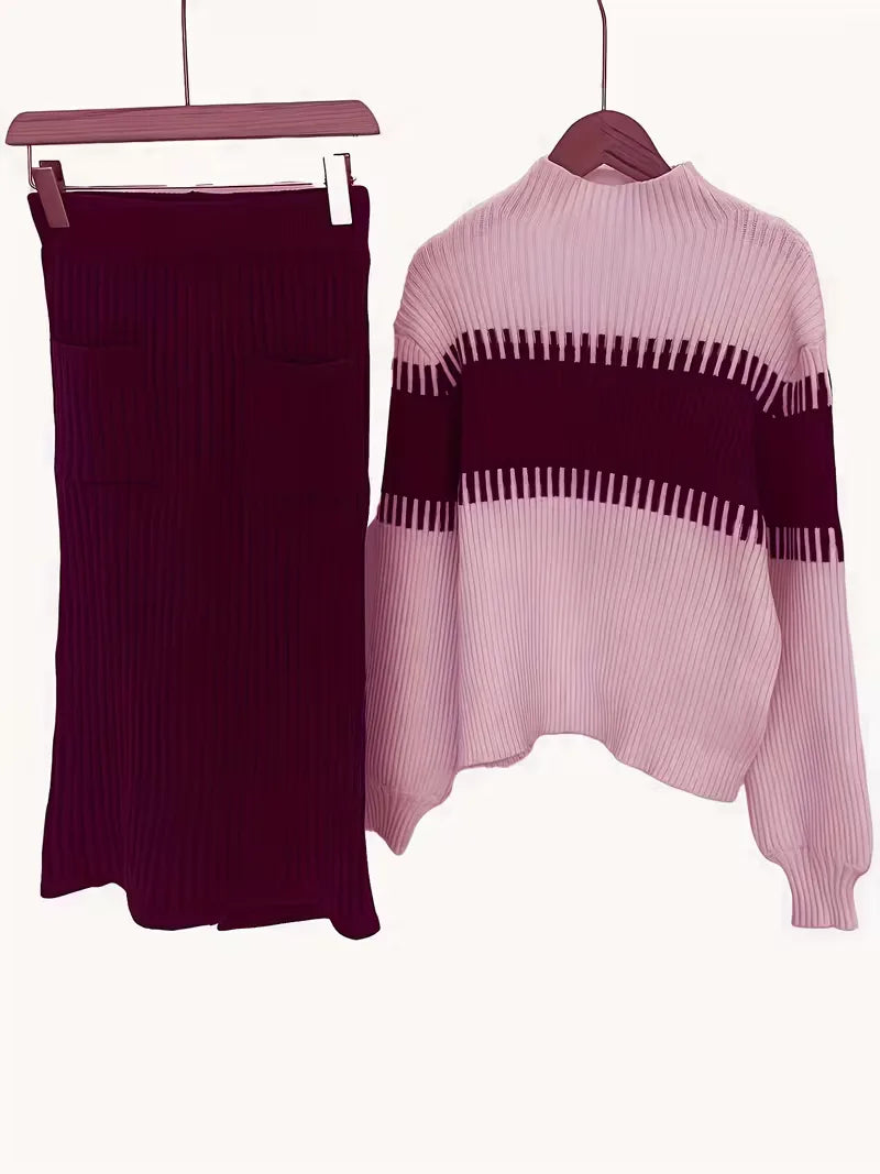 Sorvienne Relaxed Colour Block Knit Skirt Set in Plum