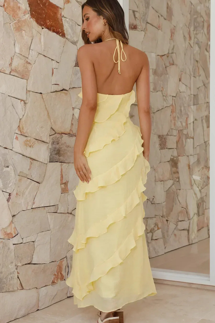 Sorvienne Women's Halter Neck Ruffle Maxi Dress
