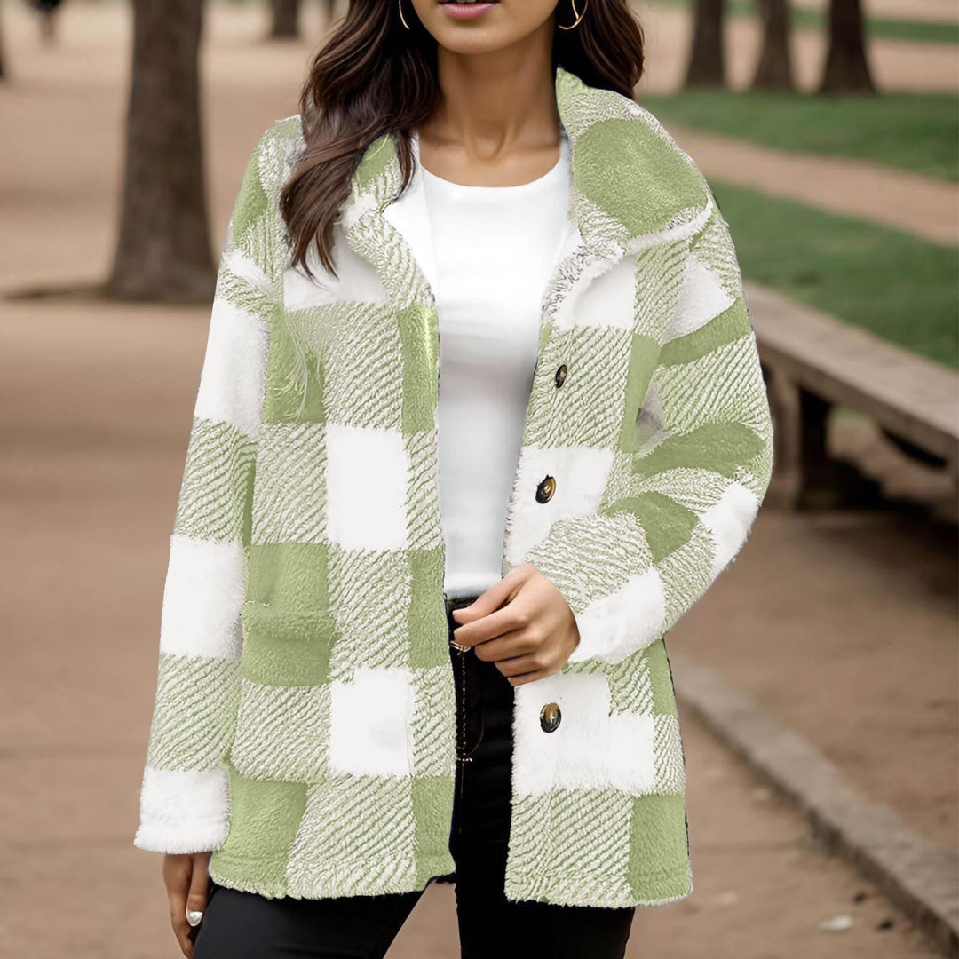 Sorvienne Relaxed Borg Check Shacket in Sage Green