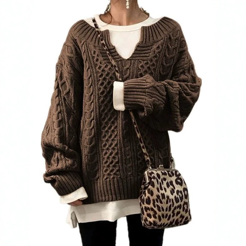 Sorvienne Oversized Notch Neck Cable Knit Jumper in Brown