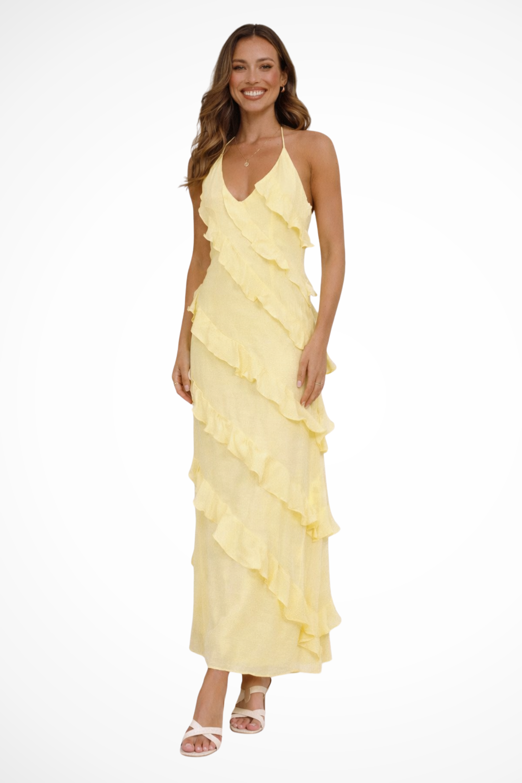 Sorvienne Women's Halter Neck Ruffle Maxi Dress in Yellow