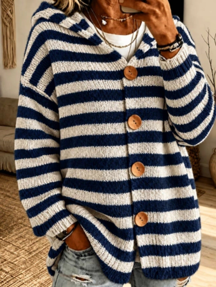 Sorvienne Relaxed Striped Button Front Hooded Cardigan in Navy Stripe
