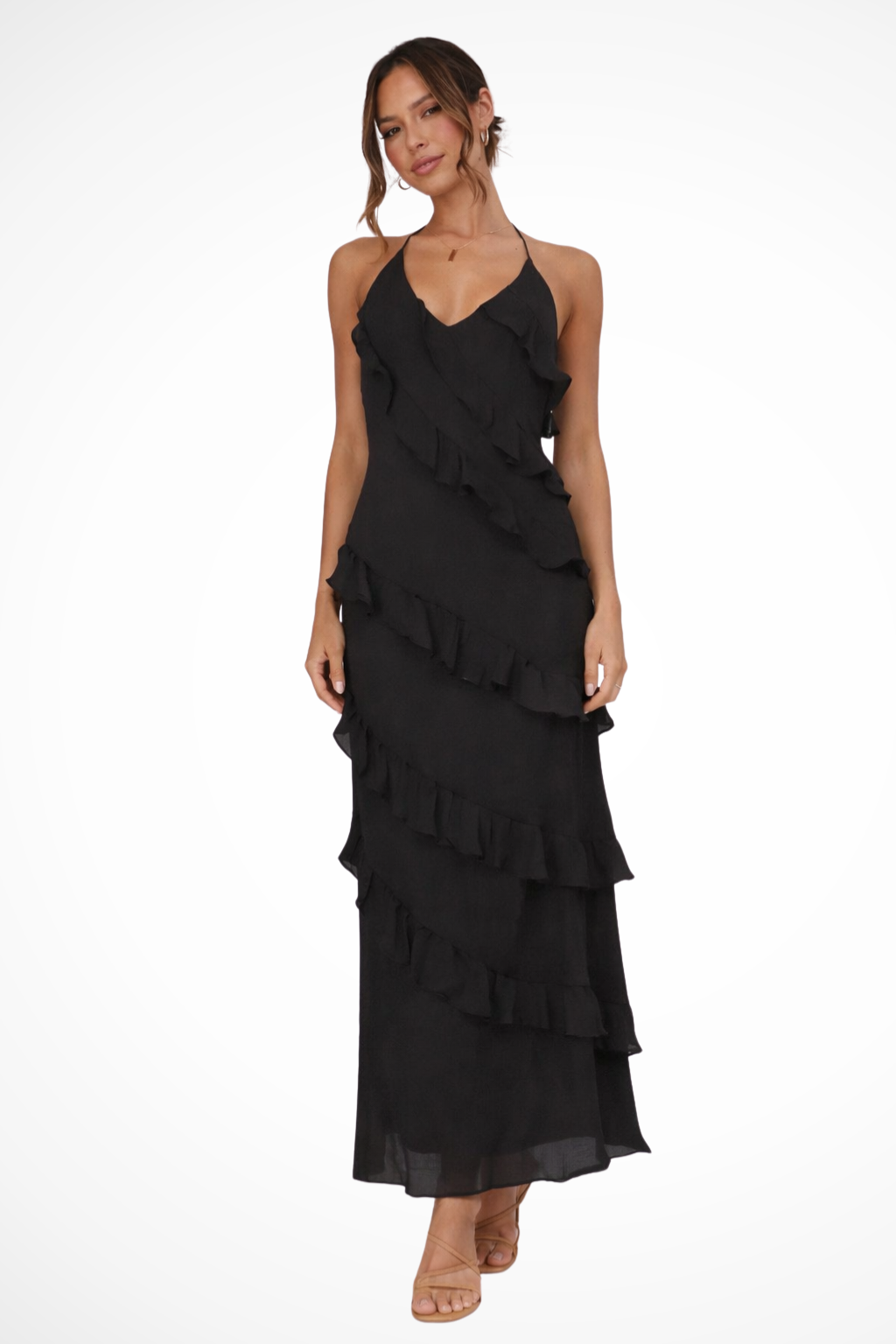 Sorvienne Women's Halter Neck Ruffle Maxi Dress in Black
