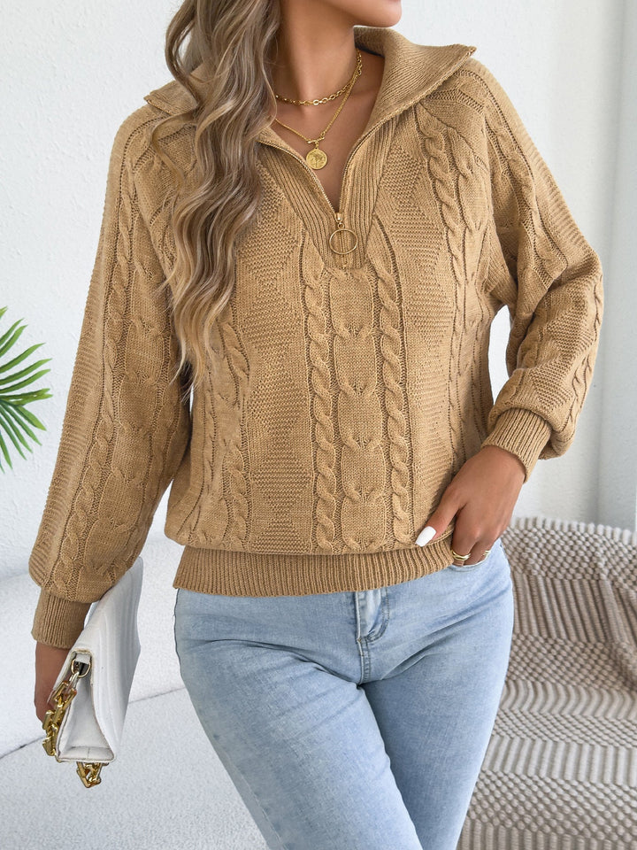 Sorvienne Relaxed Collared Cable Knit Half Zip Jumper in Camel
