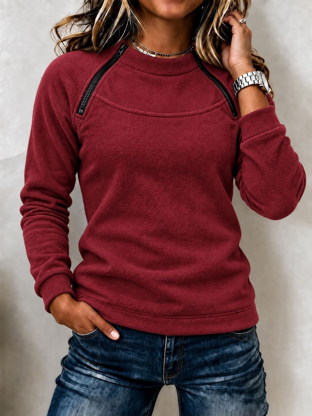 Sorvienne Relaxed Zip Detail Raglan Sweatshirt in Burgundy