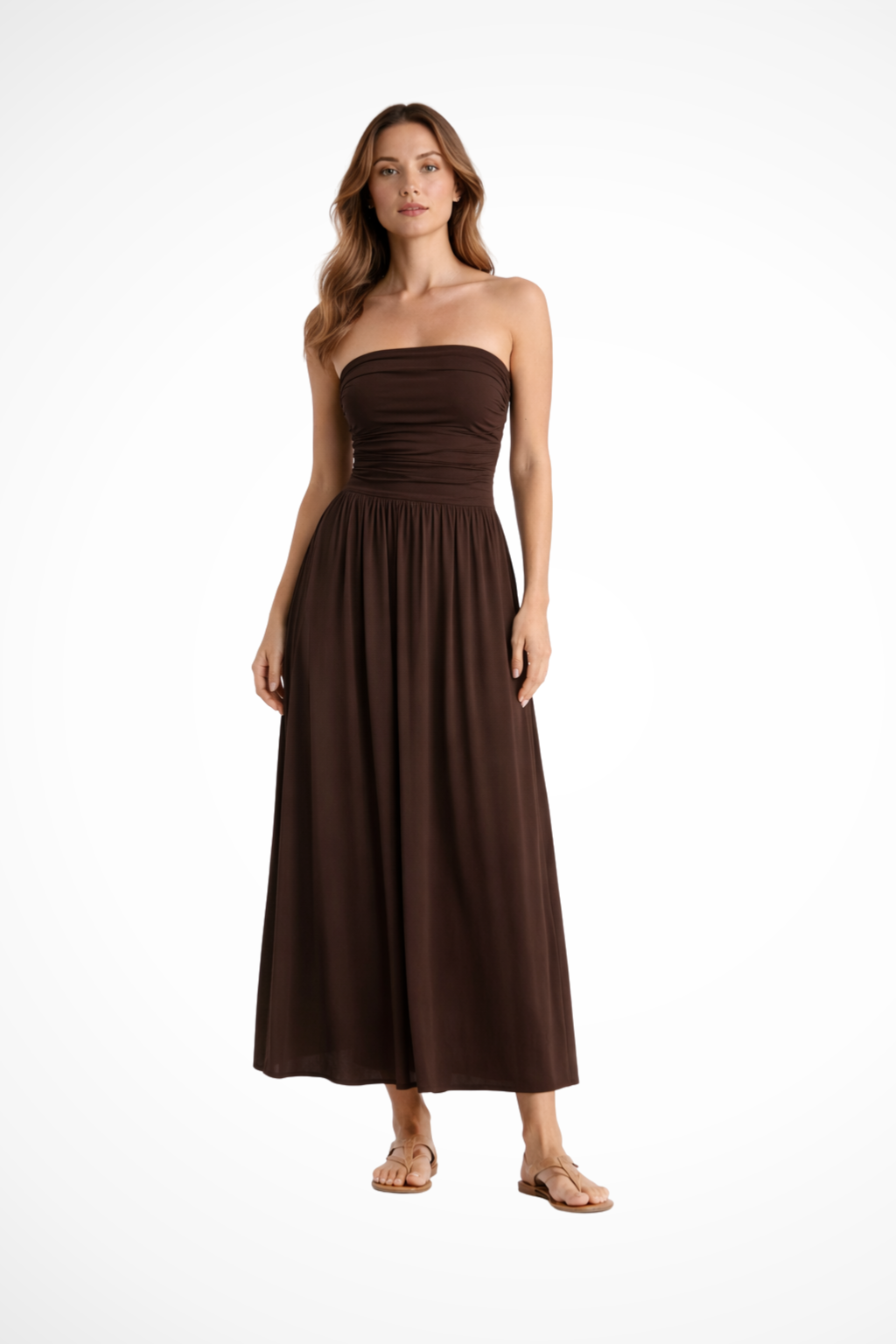 Sorvienne Women's Strapless Pleated Maxi Dress in Brown