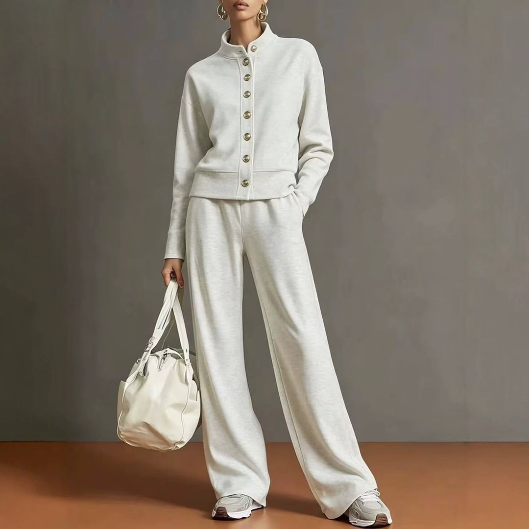 Sorvienne Relaxed Button Front Knitted Co Ord Set in Oatmeal