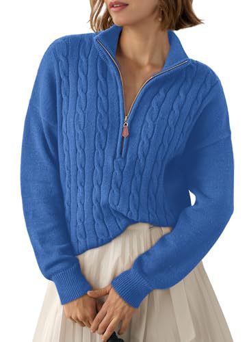 Sorvienne Relaxed Cable Knit Quarter Zip Jumper in Cobalt Blue
