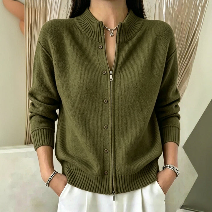 Sorvienne Mock Neck Zip Through Cardigan in Olive