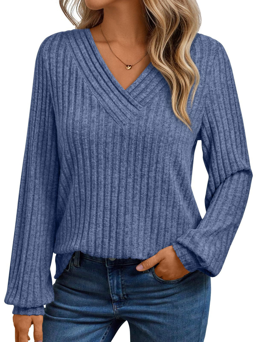 Sorvienne Relaxed Ribbed V Neck Jumper in Denim Blue