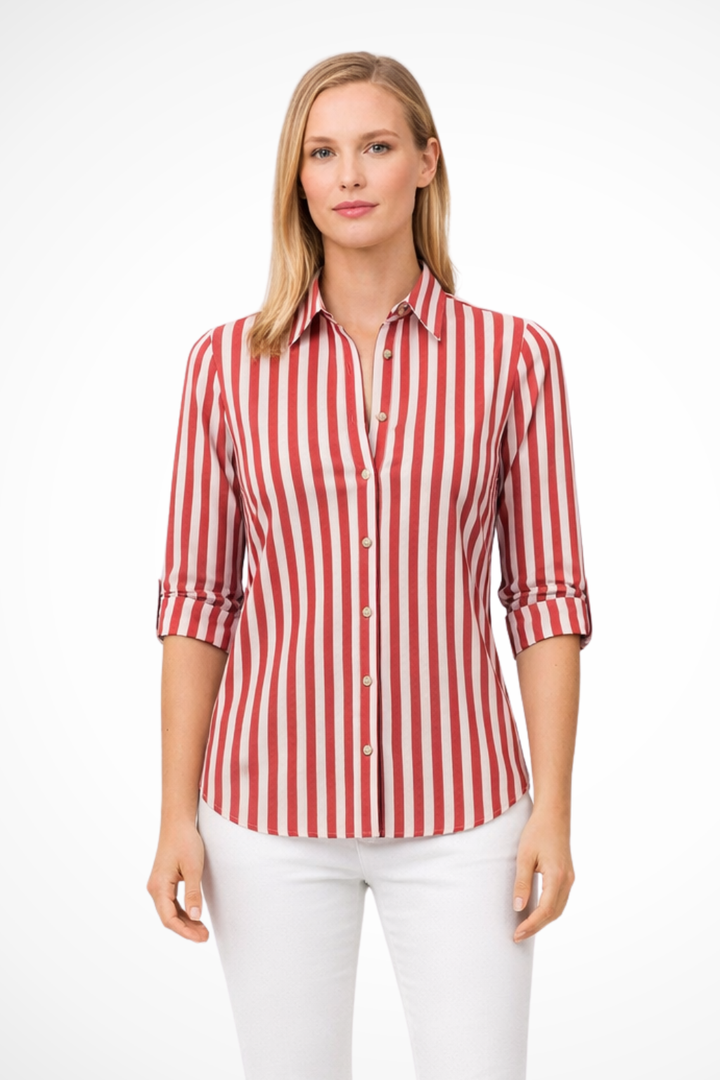 Sorvienne Women's Slim Fit Striped Long Sleeve Shirt in Red