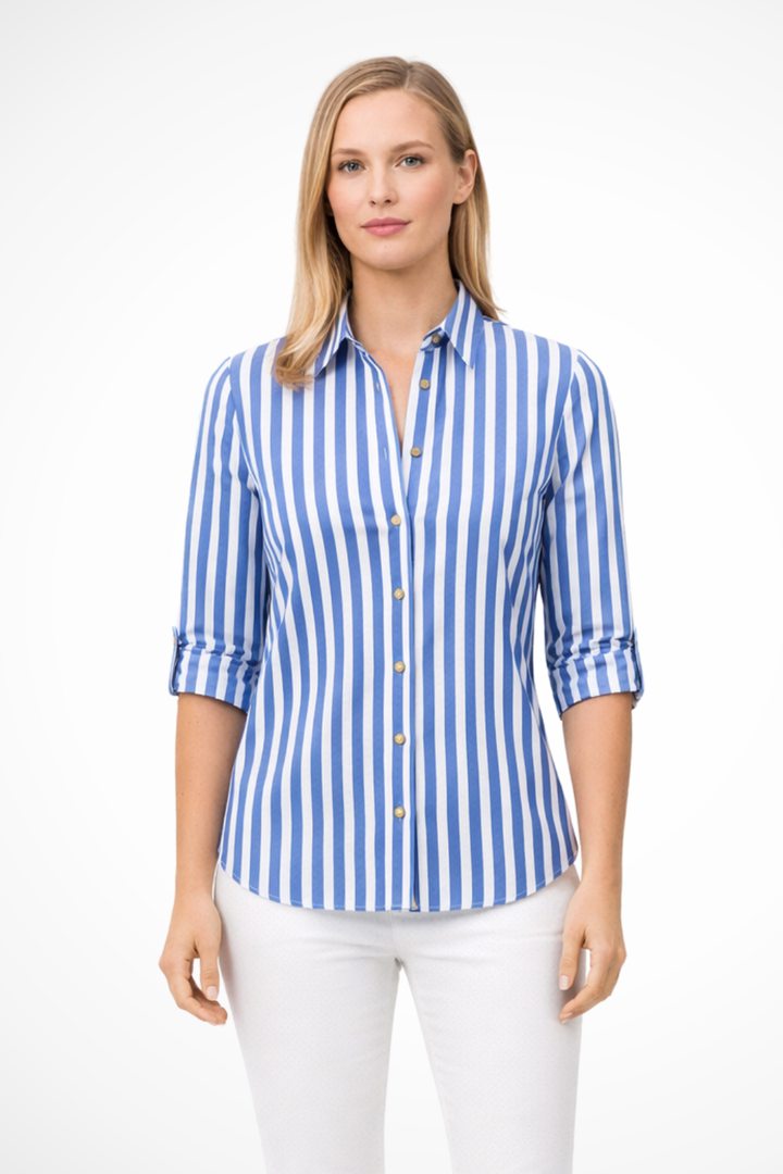 Sorvienne Women's Slim Fit Striped Long Sleeve Shirt in Blue