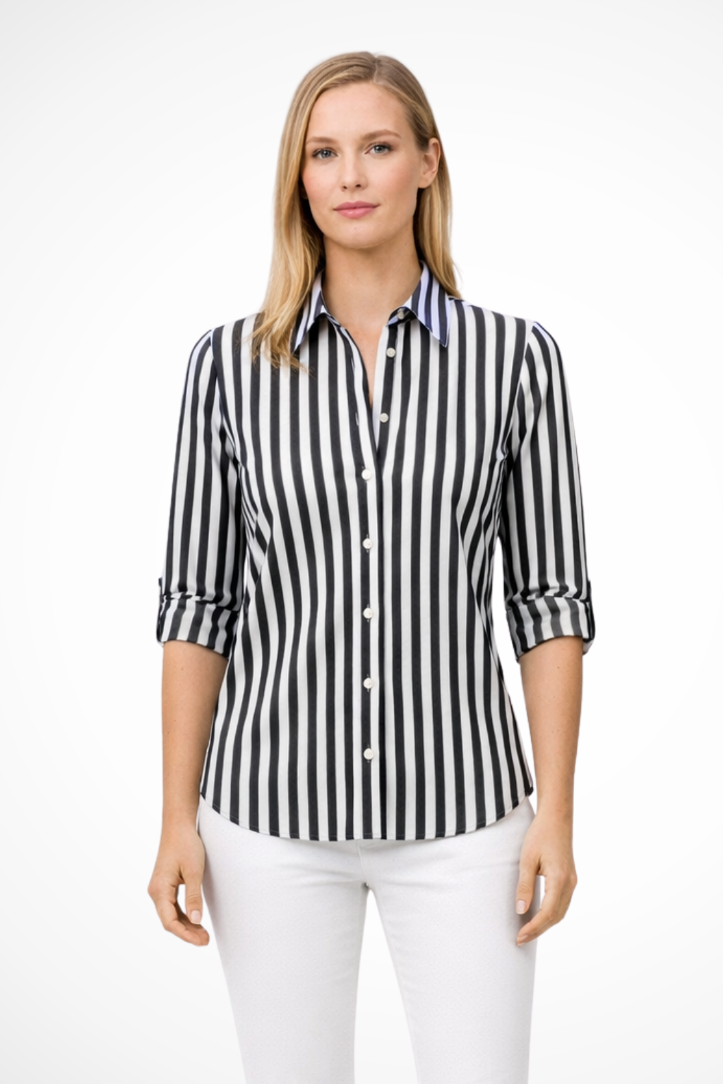 Sorvienne Women's Slim Fit Striped Long Sleeve Shirt in Black