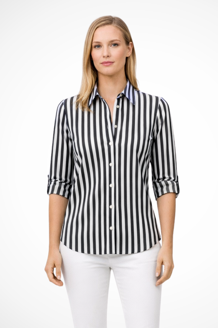 Sorvienne Women's Slim Fit Striped Long Sleeve Shirt in Black