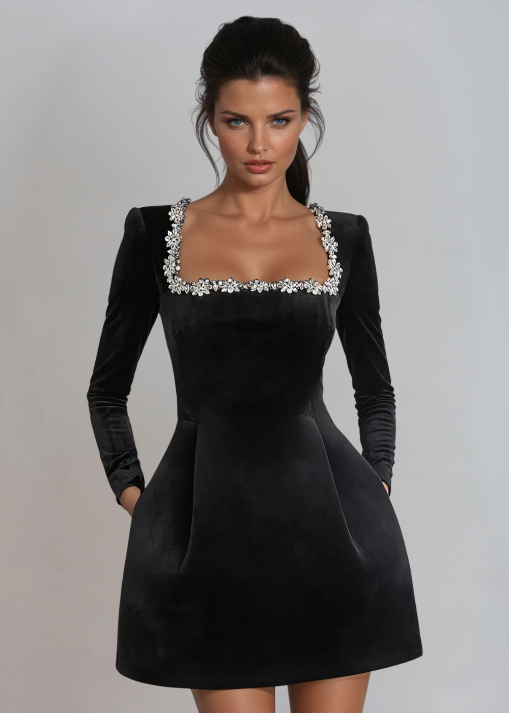 Sorvienne Tailored Embellished Square Neck Velvet Mini Dress in Black
