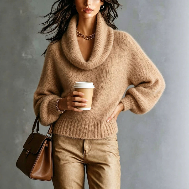 Sorvienne Relaxed Fluffy Knit Cowl Neck Jumper in Camel