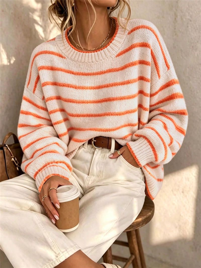 Sorvienne Relaxed Crew Neck Striped Jumper in Cream Stripe