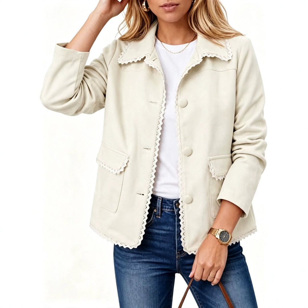 Sorvienne Tailored Contrast Trim Faux Suede Jacket in Cream