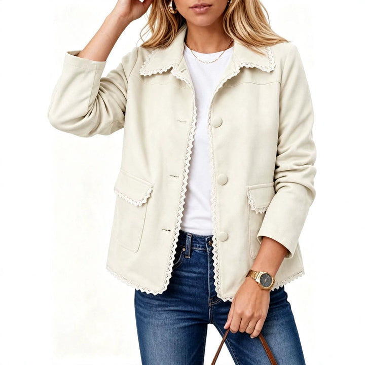 Sorvienne Tailored Contrast Trim Faux Suede Jacket in Cream