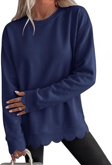 Sorvienne Relaxed Scallop Hem Crew Neck Sweatshirt in Navy