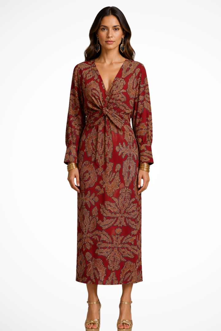 Sorvienne V-Neck Twist Front Printed Midi Dress in Red