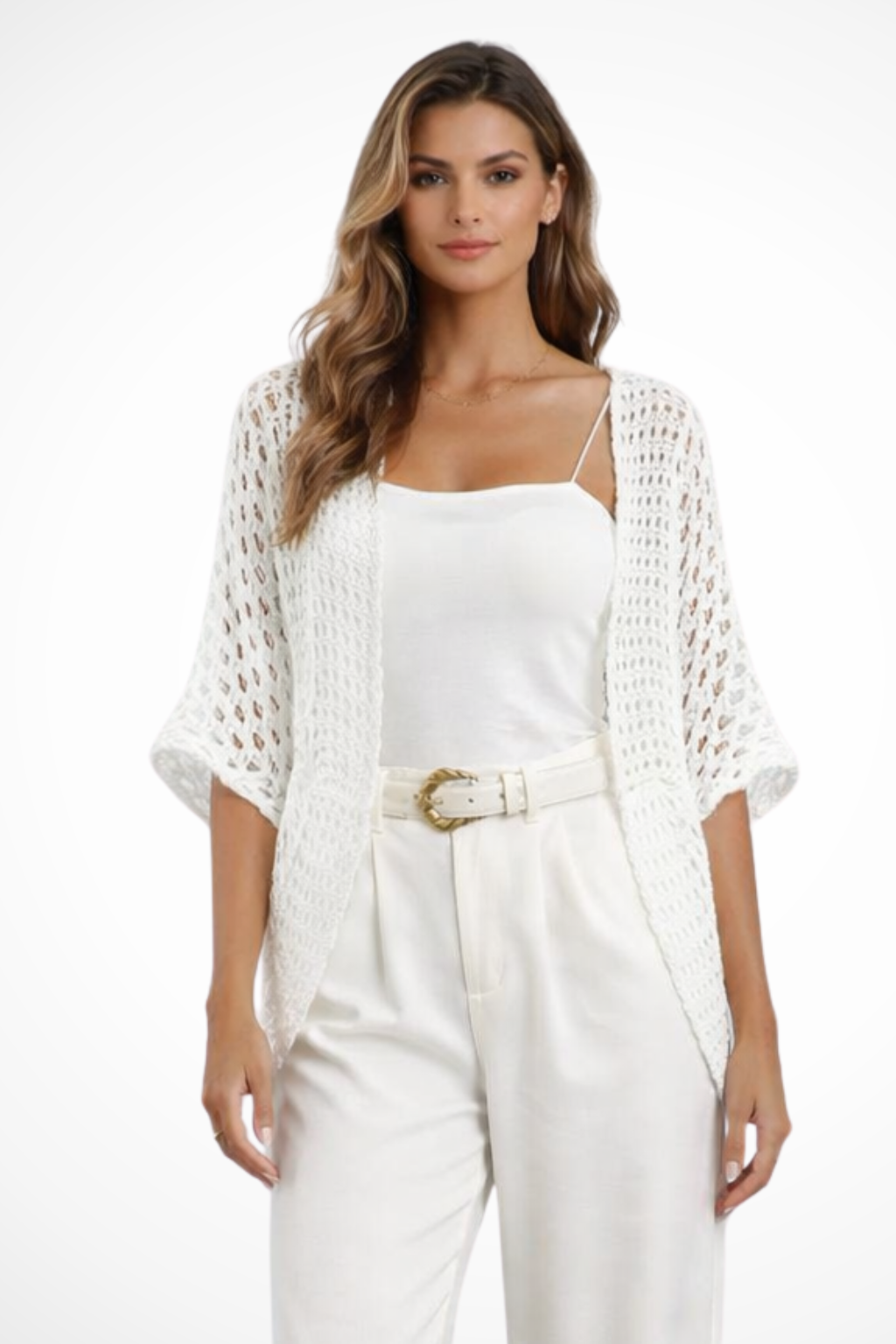 Sorvienne Women's Short Sleeve Crochet Cardigan in White