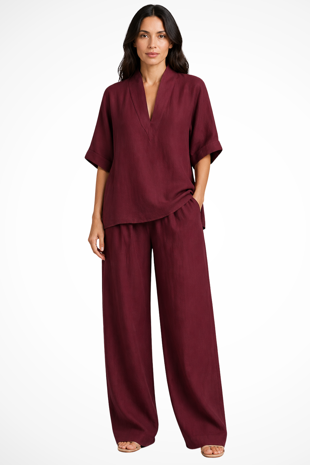Sorvienne Women's Linen Wide Leg Co-Ord Set in Burgundy
