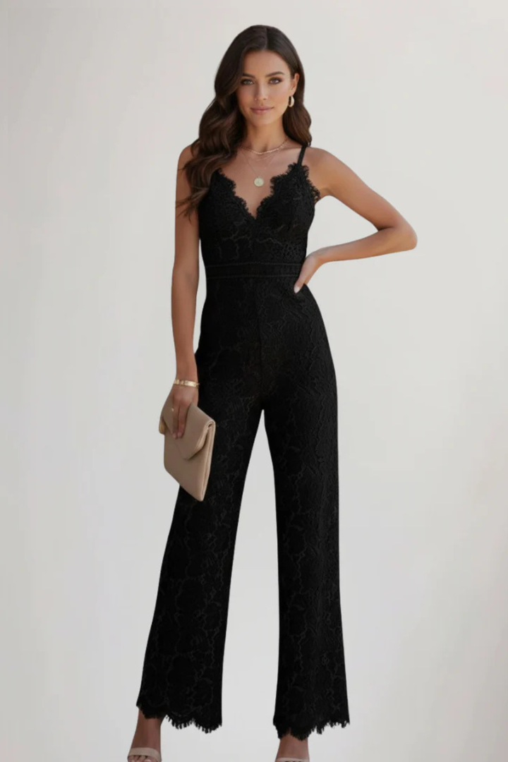 Sorvienne Women's Lace V-Neck Strappy Wide Leg Jumpsuit