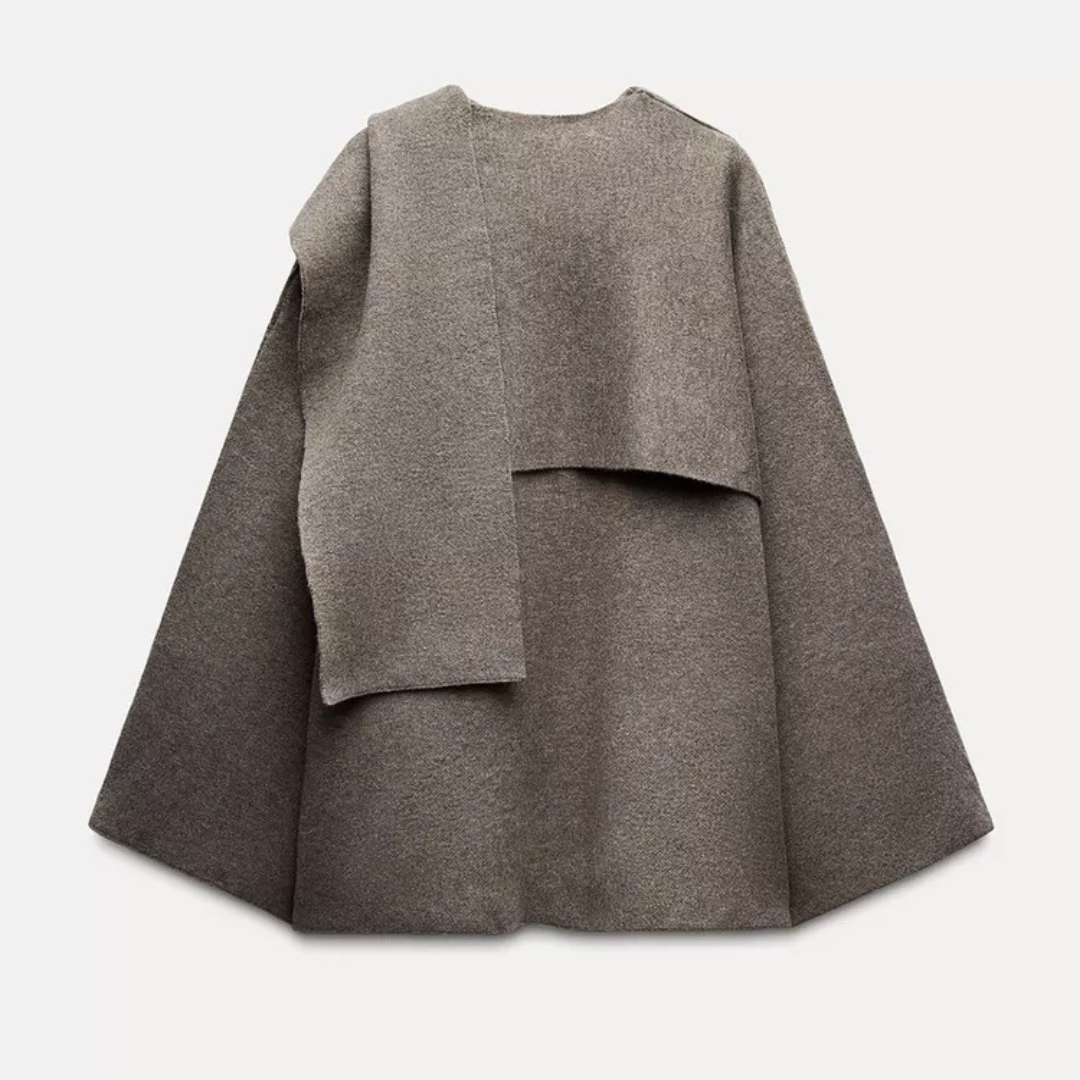 Sorvienne Relaxed Asymmetric Scarf Coat in Taupe