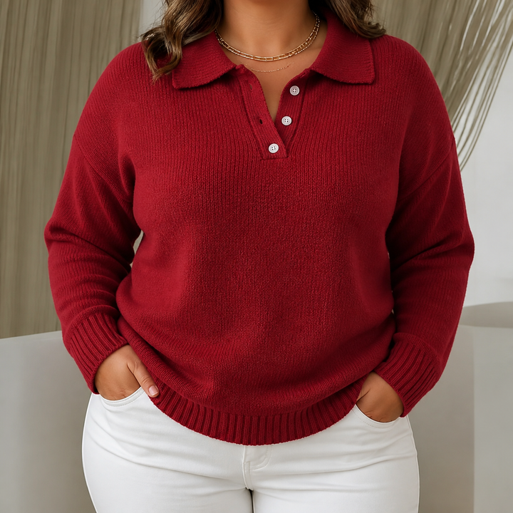 Sorvienne Relaxed Button Placket Polo Collar Jumper in Red