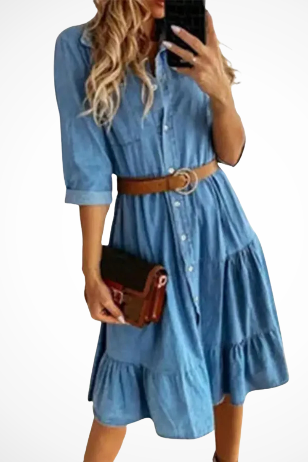 Sorvienne Women's Denim Tiered Midi Shirt Dress with Belt