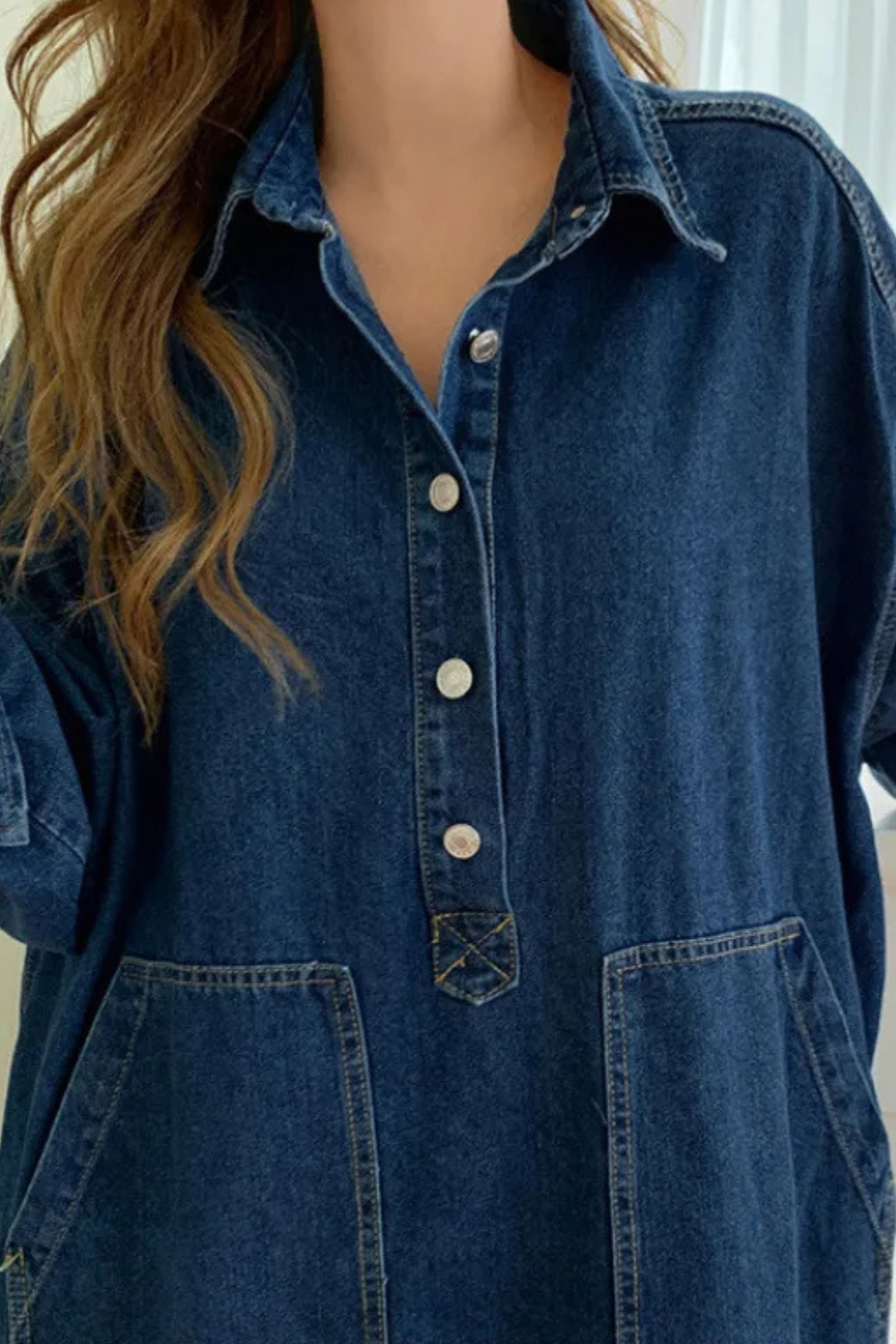 Sorvienne Women's Oversized Denim Maxi Dress with Pockets