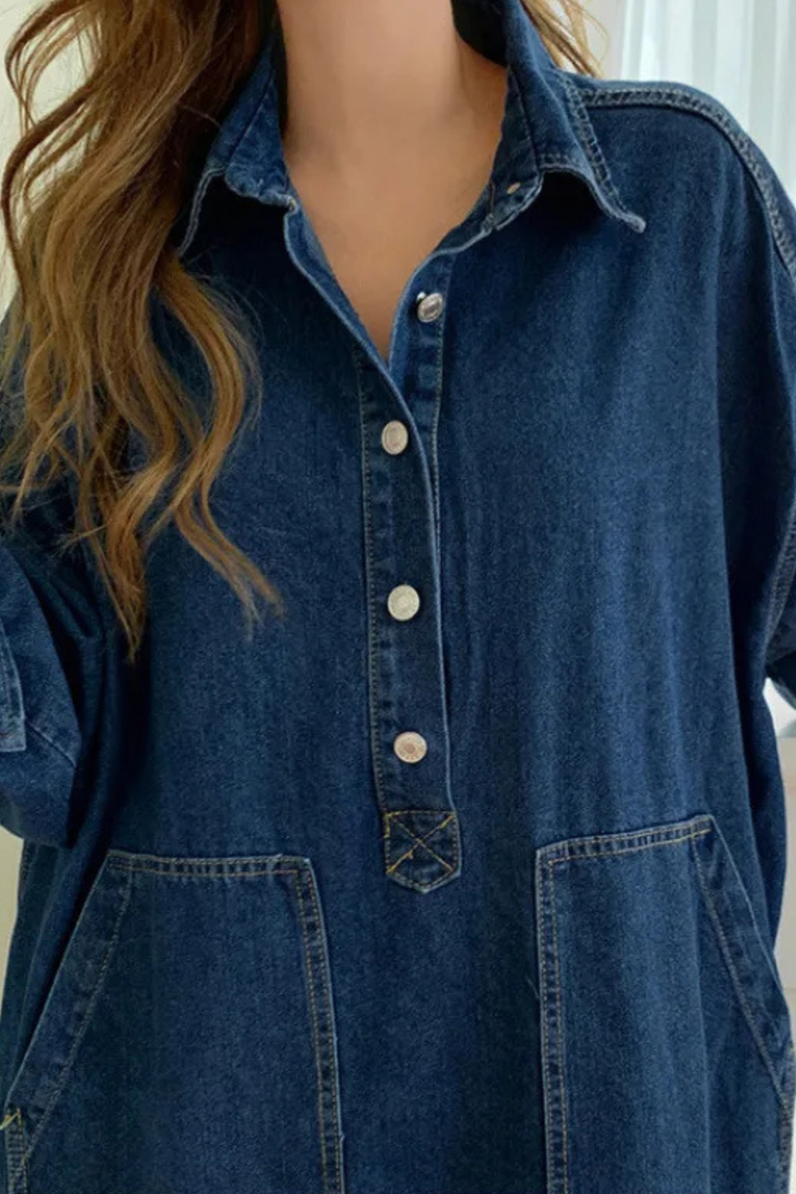 Sorvienne Women's Oversized Denim Maxi Dress with Pockets
