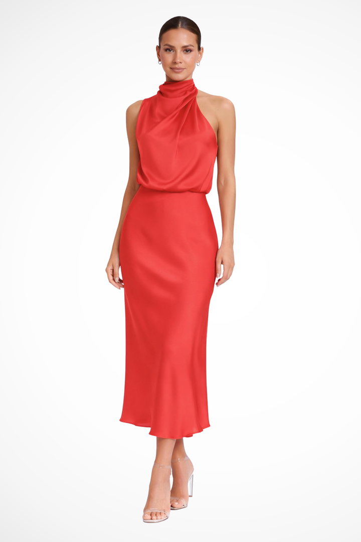 Sorvienne Women's Satin Halter Neck Midi Dress in Red