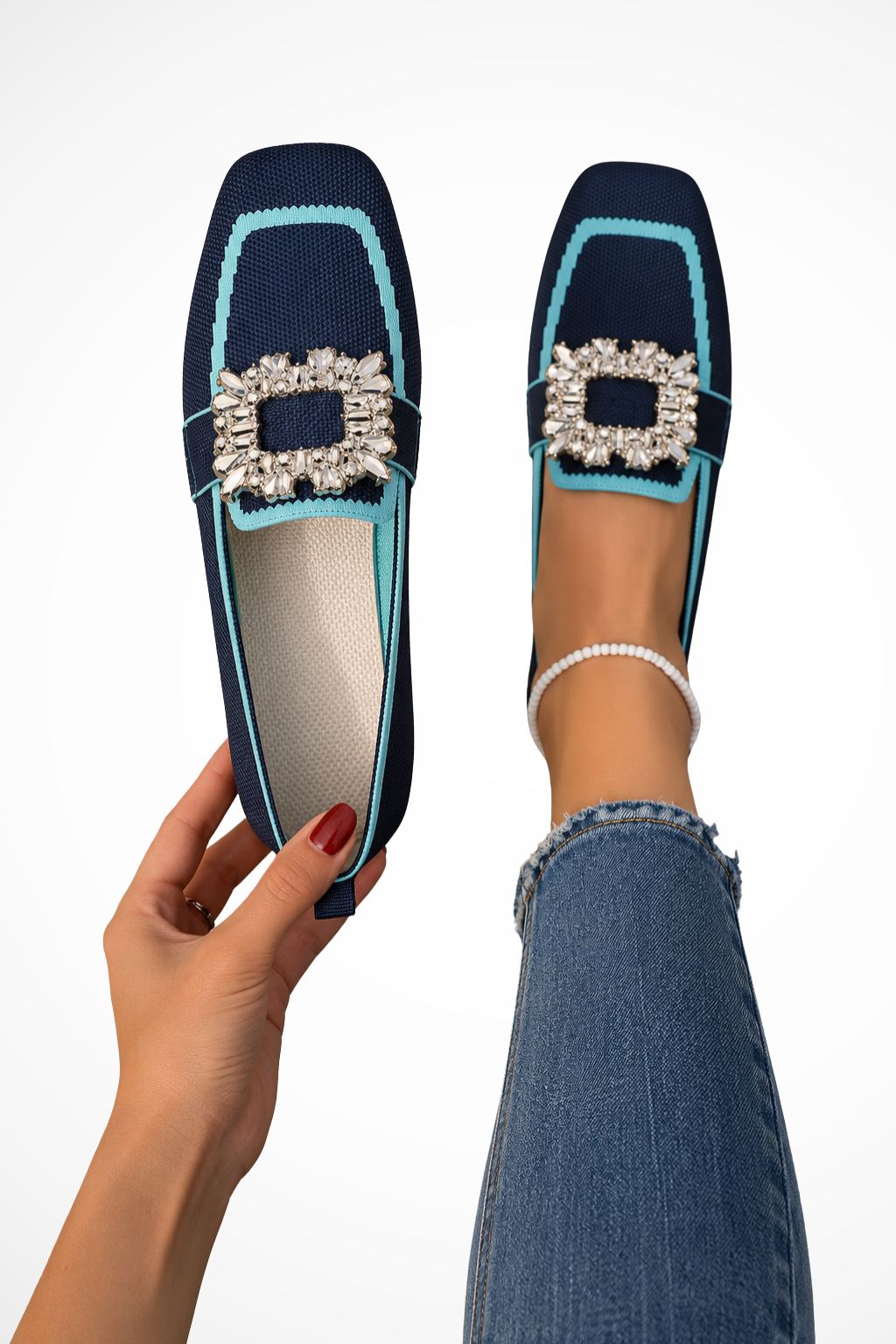 Sorvienne Embellished Square Toe Orthopaedic Loafers in Blue