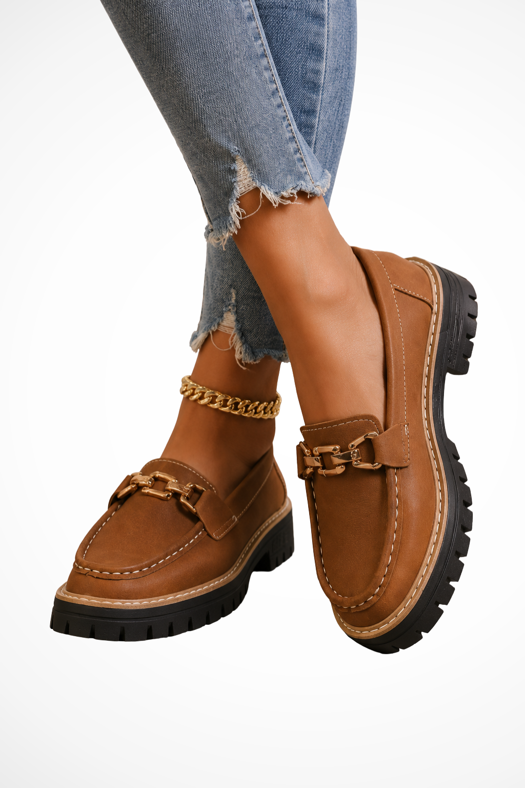 Sorvienne Chain Detail Chunky Orthopaedic Loafers in Brown