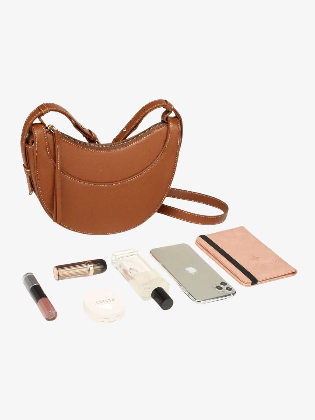 Sorvienne Pebbled Leather Look Half Moon Bag in Tan