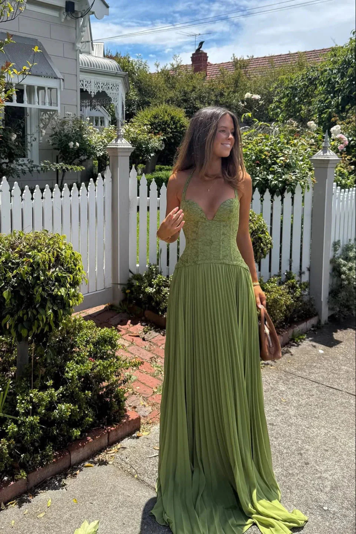 Sorvienne Halter Lace Corset Flowing Maxi Dress