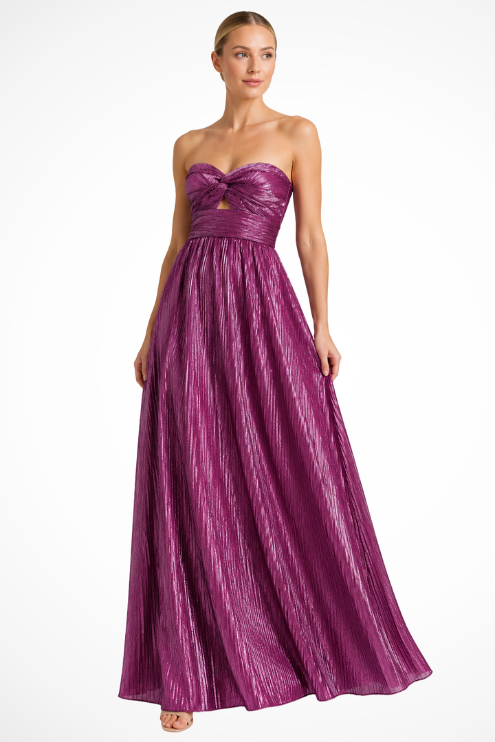 Sorvienne Strapless Twist Front Pleated Maxi Dress