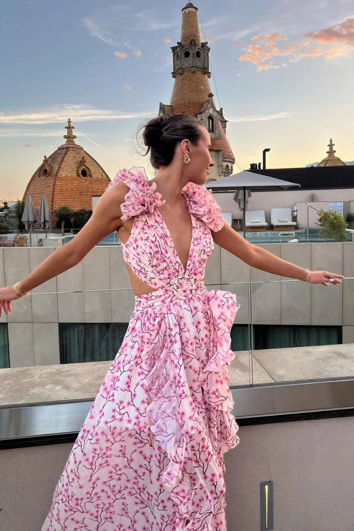 Sorvienne Floral Ruffle V-Neck Flowing Maxi Dress in Pink
